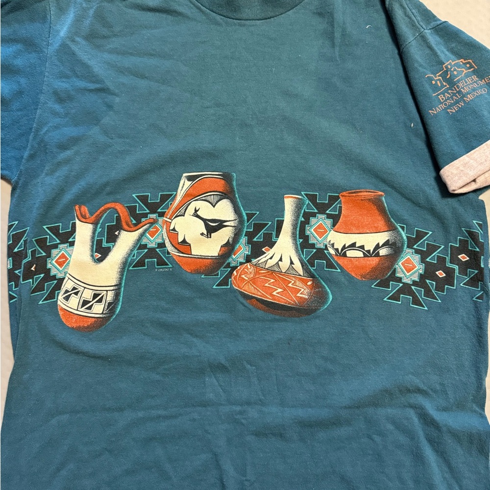 Vintage, New Mexico, Bandelier Monument,Teal Graphic T-Shirt AOP, large